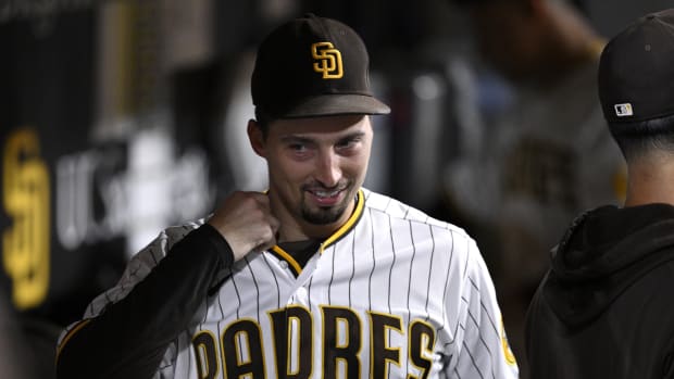 Sep 19, 2023; San Diego, California, USA; San Diego Padres starting pitcher Blake Snell (4) looks on from the dugout during the eighth inning against the Colorado Rockies at Petco Park. Mandatory Credit: Orlando Ramirez-USA TODAY Sports  